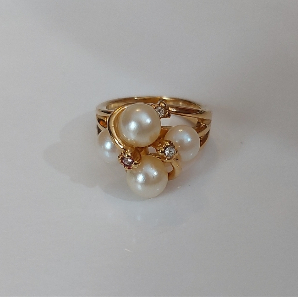 Gold Pearl Cluster Ring with Clear Accents